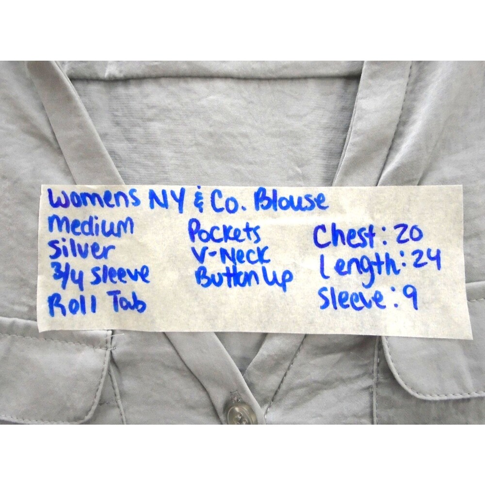 New York & Company Women's Size M Roll Tab Short Sleeve Shirt V-neck Gray - Picture 3 of 7